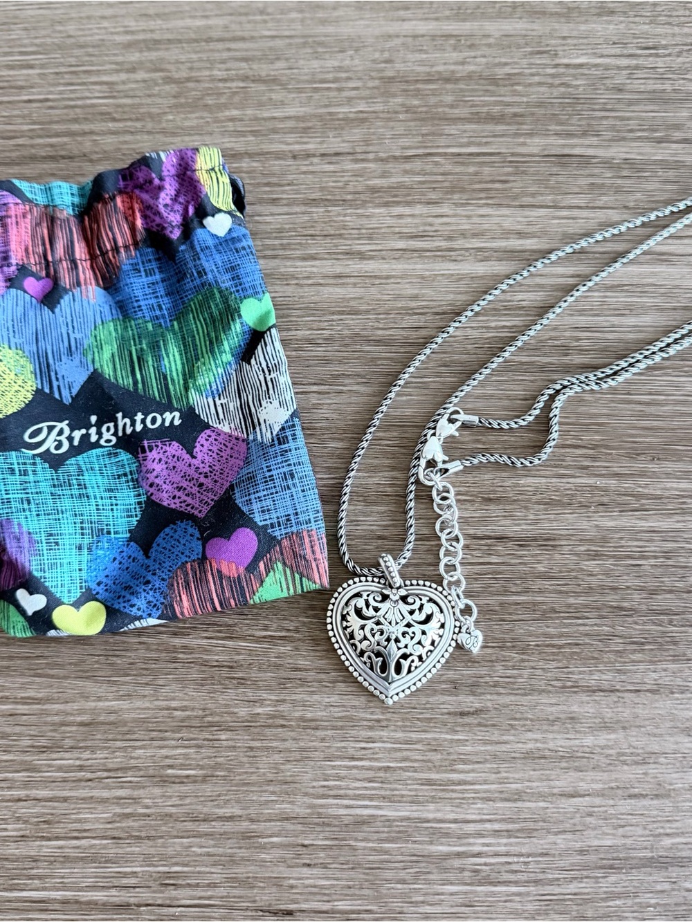 Brighton Silver Filigree Heart Locket Necklace with Colorful Heart Pouch